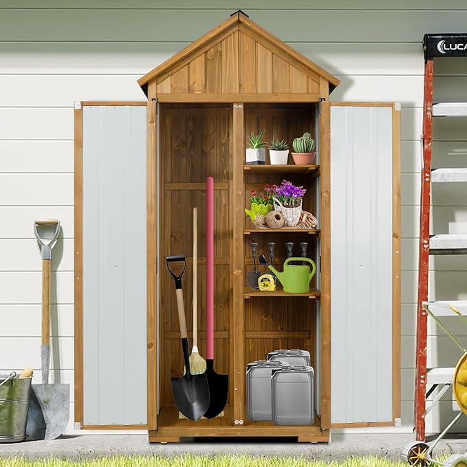 Wood & Metal Outdoor Storage Cabinet with Waterproof Roof, Garden Tool Shed with 6 T-Hinge, 4 Reinforced feet with Metal Brackets and 6 Adjustable feet, 3 Removable Shelves, 13.2X 31x 67IN
