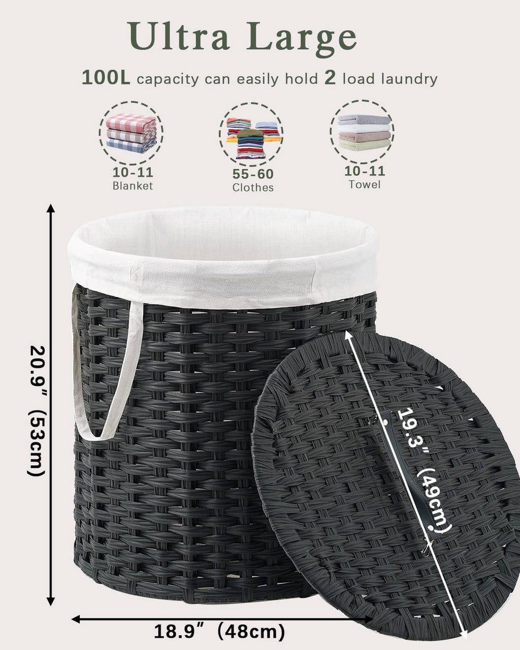 Laundry Hamper with Lid Wicker Laundry Hamper Round 26.5 Gal (100 L) Laundry Basket Handwoven Rattan Laundry Basket with Removable Bag Handles 2 Mesh Bags for Living Room Bedroom Black