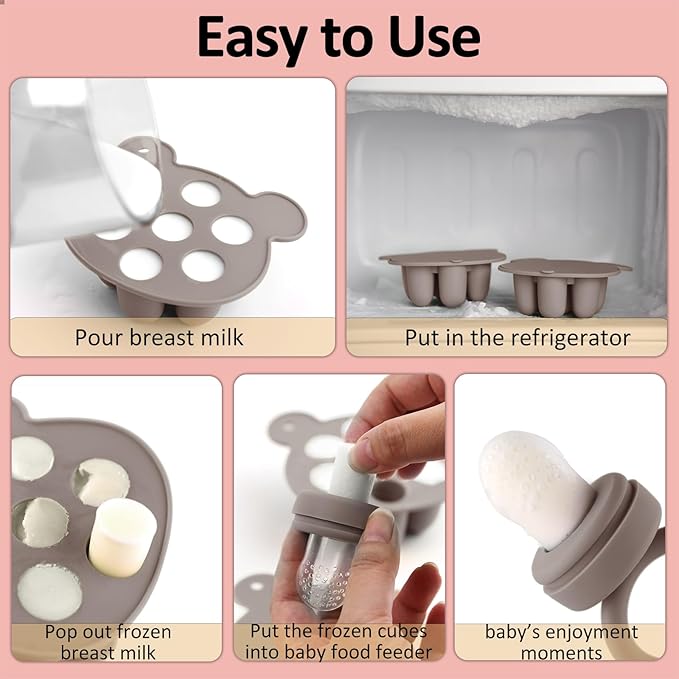 JEXFUN Silicone Baby Fruit Food Feeder Pacifier & Breastmilk Popsicle Freezer Molds, Double as Baby Teething Toys, Freezable Feeding Set for Breast Milk Ice Cubes, Food, Vegetable Purees - (Sand)