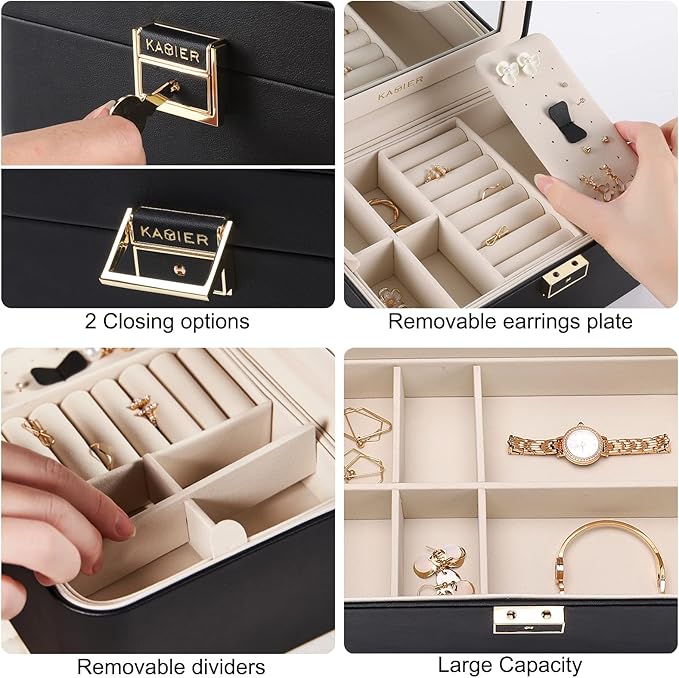 KAMIER Jewelry Holder Organizer, 2 Layers PU Leather Jewelry Box, Large Capacity, Double Lock and Large Mirror, Hidden Necklace Hooks, Removable Dividers, Gift Box Packaging, Black