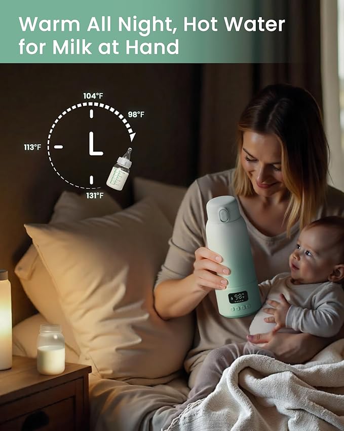 Extended Battery Life Portable Bottle Warmer - Dual Heating Modes for Breast Milk & Water, 17 Ounces, Fast Heating, Ideal for Travel, Outdoor, Baby Shower, Green
