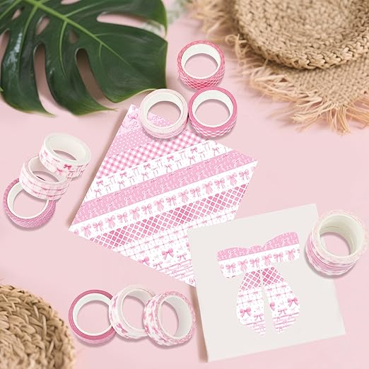 12 Rolls Pink Bow Washi Tape, Bowknot Plaid Adhesive Masking Tapes Decorative Pink Coquette Paper Tape for Scrapbook Journal Planners DIY Art Crafts Gift Wrapping 16.4FT