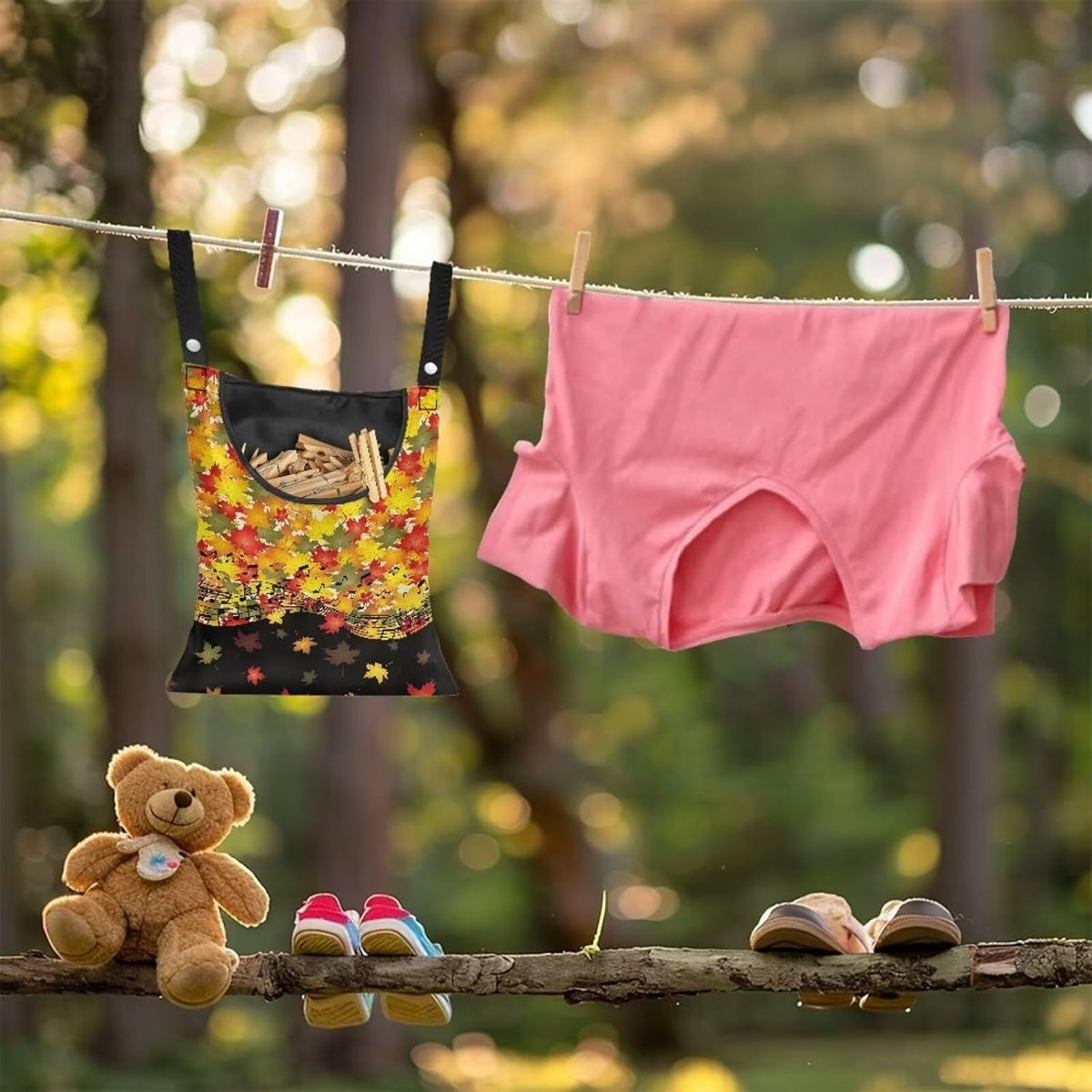 Maple Leaf Handy Laundry Clothespin Bag Holds 100 Medium-Sized Clothes Pins, Music Notes Waterproof Polyester Material, 2 Ropes for Hanging and Effortlessly Sliding on Clothesline