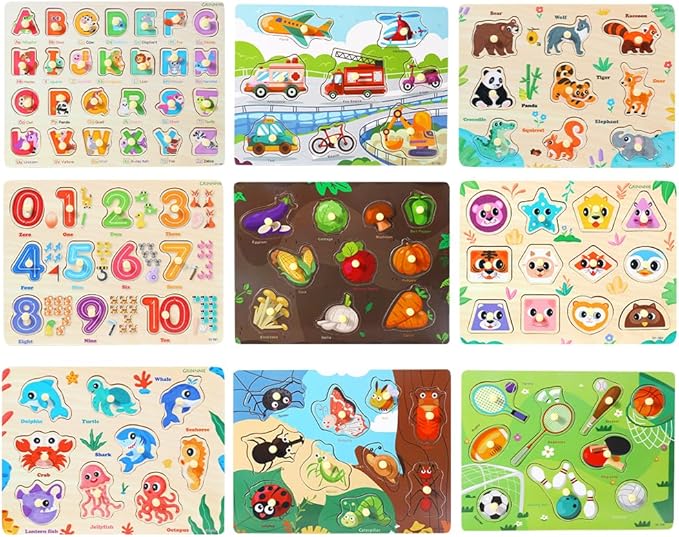GRINNNIE 9 Pack Montessori Toddler Puzzle for 3 4 5 Years Old, Wooden Learning Puzzle for Toddlers 3-5, Animal, Alphabet, Number, Shape Peg Puzzles Set, Great Birthday for Boys Girls