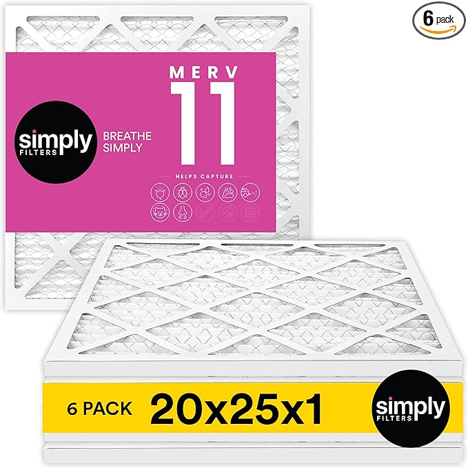 Simply 20x25x1 Air Filter, Merv 11, 6 Pack, For Home AC Furnace & HVAC (Actual Size: 19.75"x24.75"x0.75") DUST, Pet, & Allergy Control