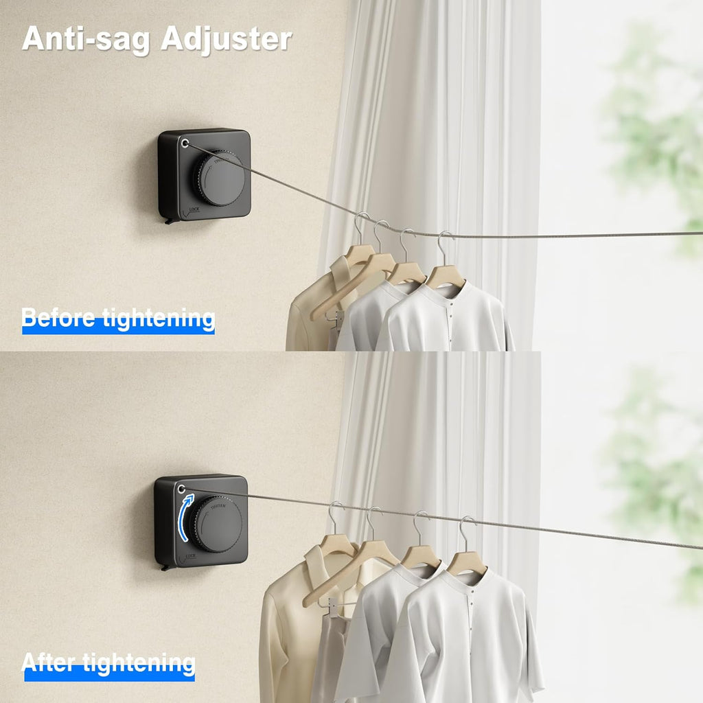 Retractable Clothesline Indoor, Non-Sagging Outdoor Clothes Line Retracting Heavy Duty Clothes Drying Laundry Line Wall Mounted Stainless Steel Line-15.1 Feets(Black)