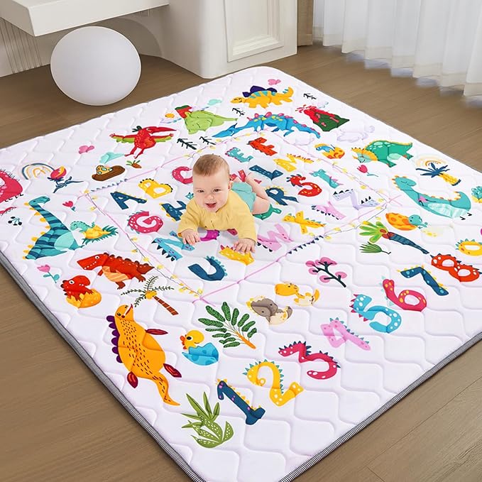 Baby Play Mat - Thicken 71x59 Inch Soft Foam Crawling Mat for Playpen & Floor, Non-Slip Waterproof Playmats for Infants & Toddlers, Portable Foldable & Machine Washable, Dinosaur & Letters