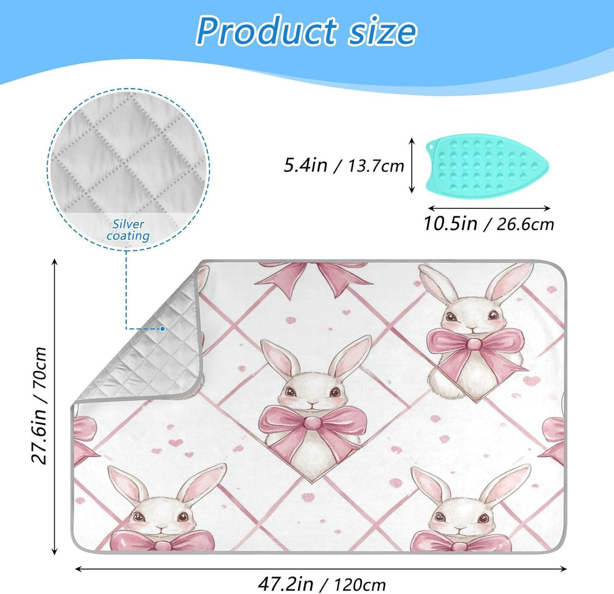 Easter Bunny Bows Pink Ironing Mat Thickened Ironing Blanket Travel Portable Double-Side Using Ironing Pad Travel Isolate Heat Pad Cover for Washer Dryer Table Top Countertop 27.6x47.2in