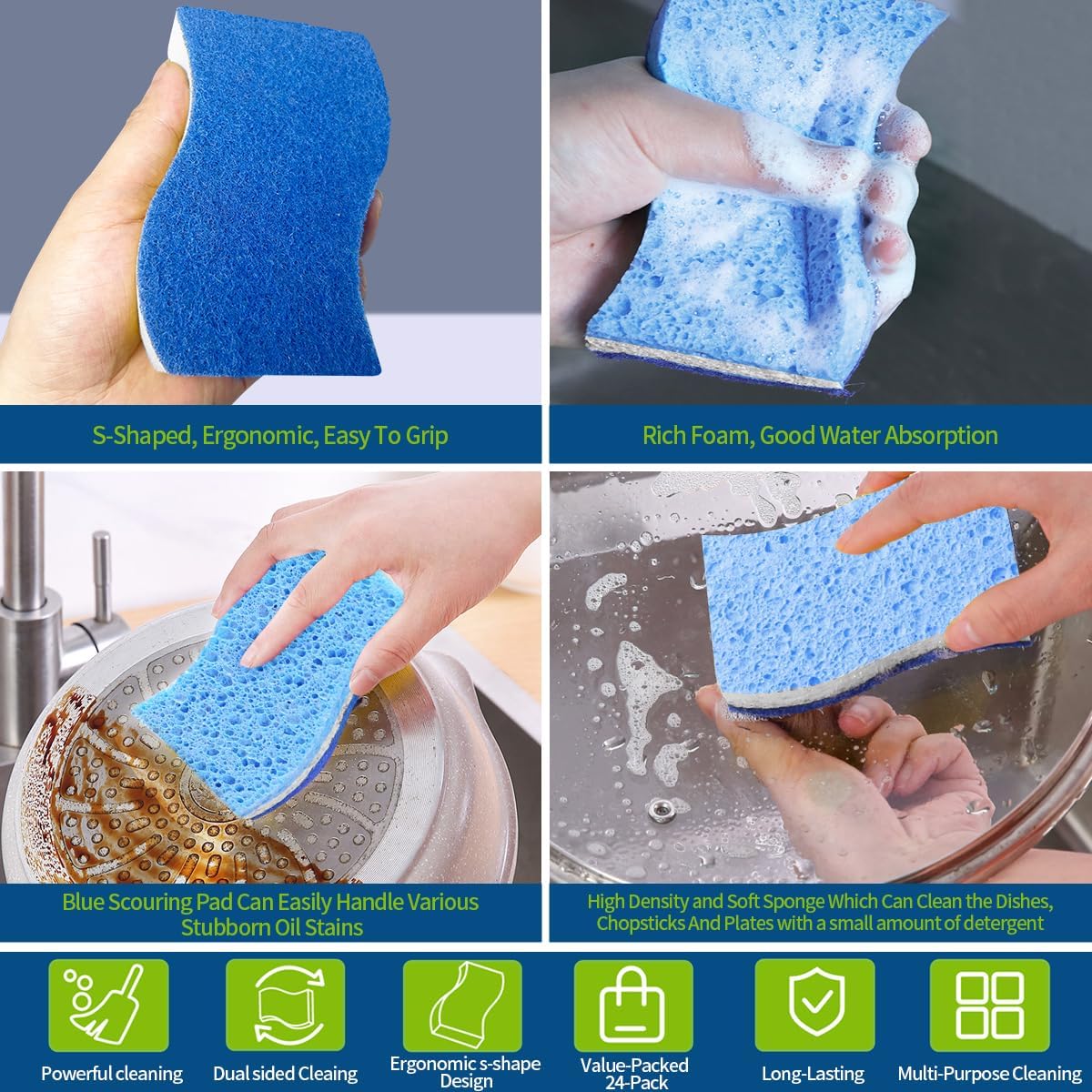 Blue Wood Pulp Sponges 12Pack Non-Scratch Cellulose Scrub Sponge, Dual-Sided Dishwashing Sponge for Kitchen
