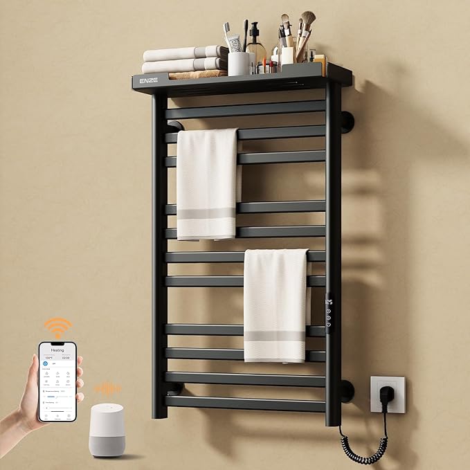 ENZE Heated Towel Rack with Shelf and Wi-Fi App Control, 11 Bars Electric Wall Mounted Towel Warmer with Timer & Adjustable Temperature, Low Carbon Steel, Plug-in/Hardwired, Matte Black