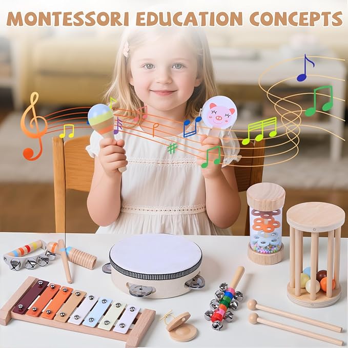 15 PCS Baby Musical Instruments Set, Toddler Musical Instruments Montessori Natural Wooden Percussion Instruments Music Toy Set with Wooden Puzzles, CPC Certified Music Toys for Toddlers 1-6