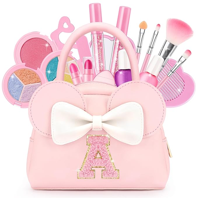 Kids Real Makeup Kit for Girls - 18Pcs Non-Toxic Washable Make Up Toys with Initial Toddler Purse - Personalized Birthday Gifts for Age 3 4 5 6 7 8 9 10 Years Old Girls Vanity Set - A