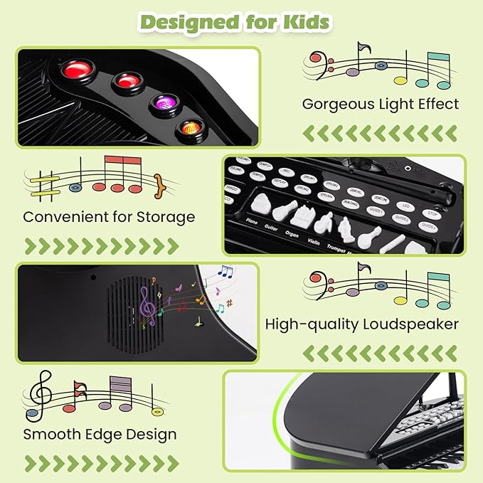 HONEY JOY Classical Kids Mini Grand Piano w/ Music Stand & Stool, Portable Electronic Piano Educational Musical Instrument Toy w/ Microphone, Lights, Gift for Kids (Black, 37 Keys)
