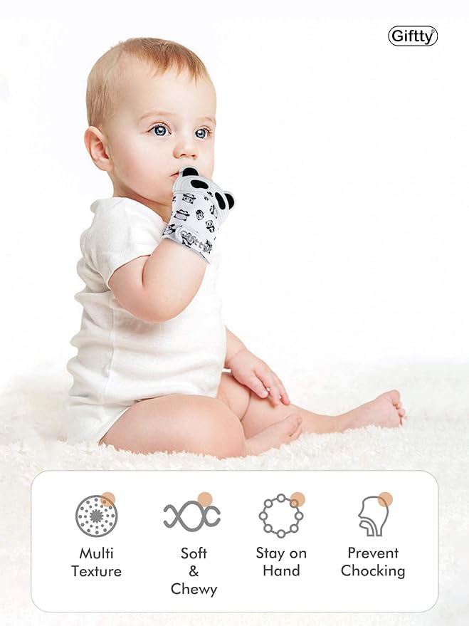 Giftty Baby Teething Mitten Panda Hand Teether Soothing Glove Wearable Teething Toy with Crinkle Sound, Multi Textured for Infants 3-12M (1 Pair)