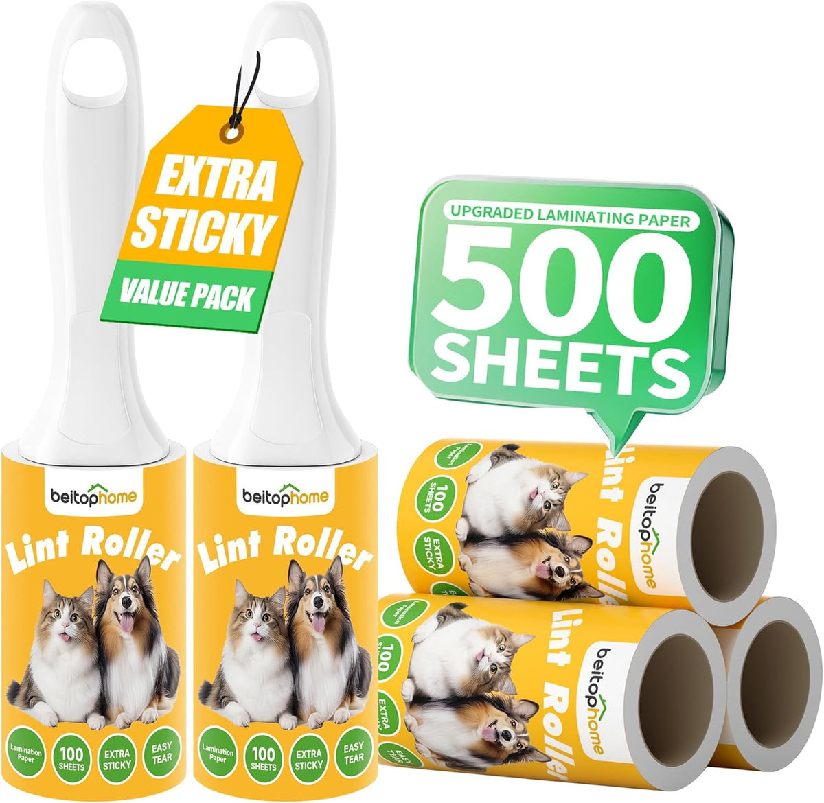 Extra Sticky Lint Roller for Pet Hair – 500 Sheets, Reinforced 2 Handles, Dog & Cat Hair Remover for Clothes, Carpet, Furniture
