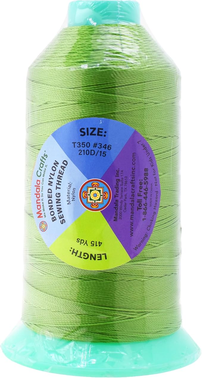 Mandala Crafts Bonded Nylon Thread Apple Green Heavy Duty Sewing Threads - 415 YDs Size 346 210D T350 Tex 350 Thread for Leather Jeans Weaving Outdoor Marine Upholstery Threads