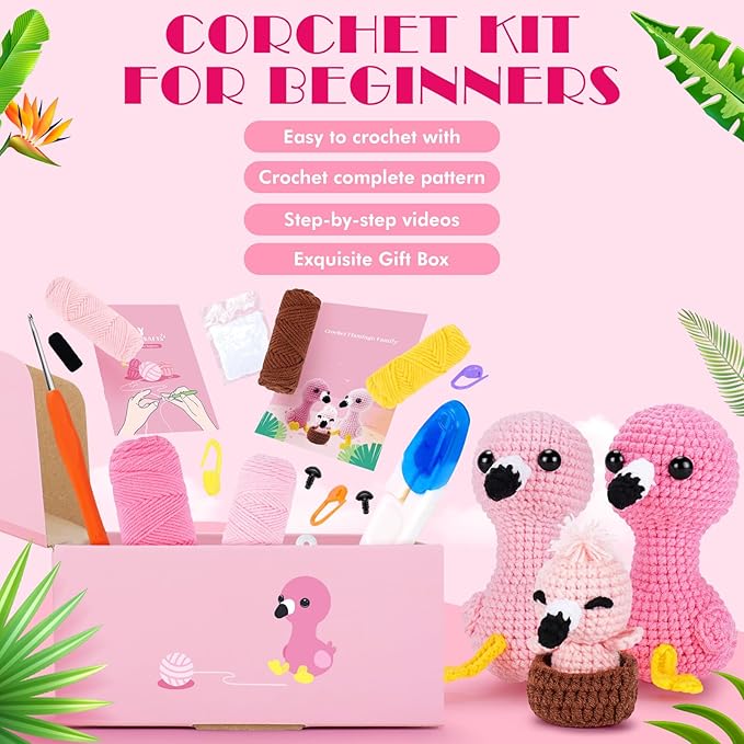 Crochet Kit for Beginners -Flamingo Family Crochet Kits with Step-by-Step Video Tutorials, Beginner Crochet Kit for Adults, Crochet Animal Kit for Kids, 3PCS Flamingo Crocheting Set(Pink)
