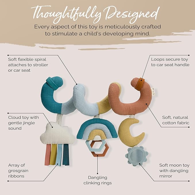 Itzy Ritzy Spiral Car Seat & Stroller Activity Toy - Stroller & Car Seat Toys for Ages 0 Months and Up - Hanging Toys Include Clinking Rings, Mirror and Textured Ribbons (Rainbow)