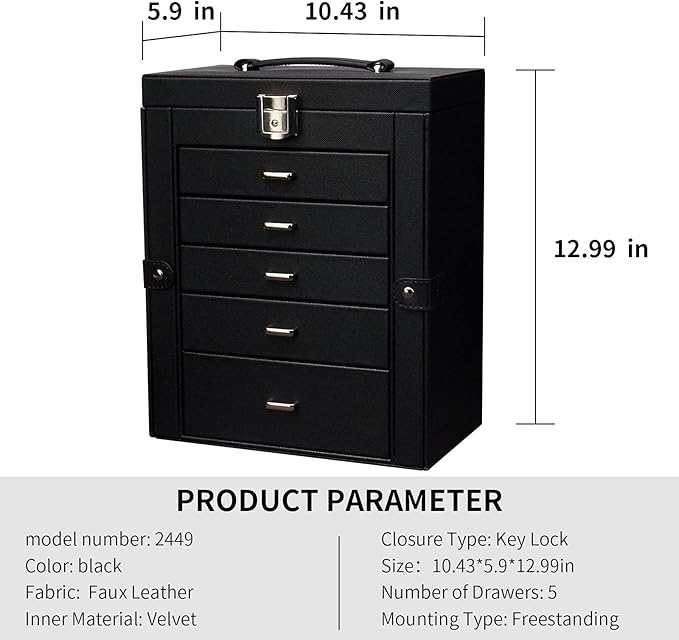 6 Tier Jewelry Box, Jewelry Case with 5 Drawers, Large Storage Capacity, with Mirror, Lockable, Jewelry Storage Organizer, Gift for Loved Ones