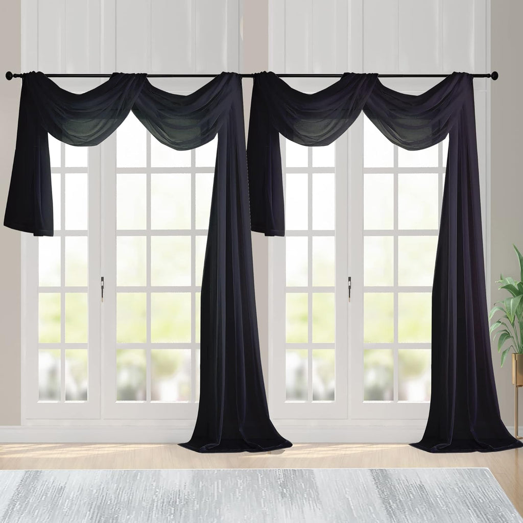 Chyhomenyc Extra Long Black Sheer Curtains 144 inch 2 Panels Set, Translucent Backdrop Window Scarf Drapes for Canopy Bed/Wedding/Living Room/Anniversary, 12FT Length, Each 42Wx144L in, 2PCS, Black