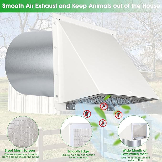 8 Inch Hooded Wall Vent with Screen and Damper,Outdoor Wall Exhaust Vent Cover Cap for Kitchen Range Hood Dryer Duct Ventilation &Exterior Air Exhaust Applications,Galvanized Steel,White
