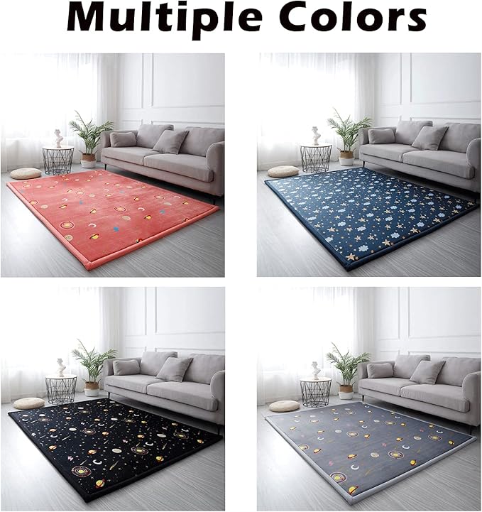 Loartee Coral Velvet Area Rug - 1" Thick Memory Foam Baby Play Mat, Washable Toddler Carpet, Home Decor for Living Room, Nursery, Kids Bedroom, Starry Blue, 4'11"x4'11"