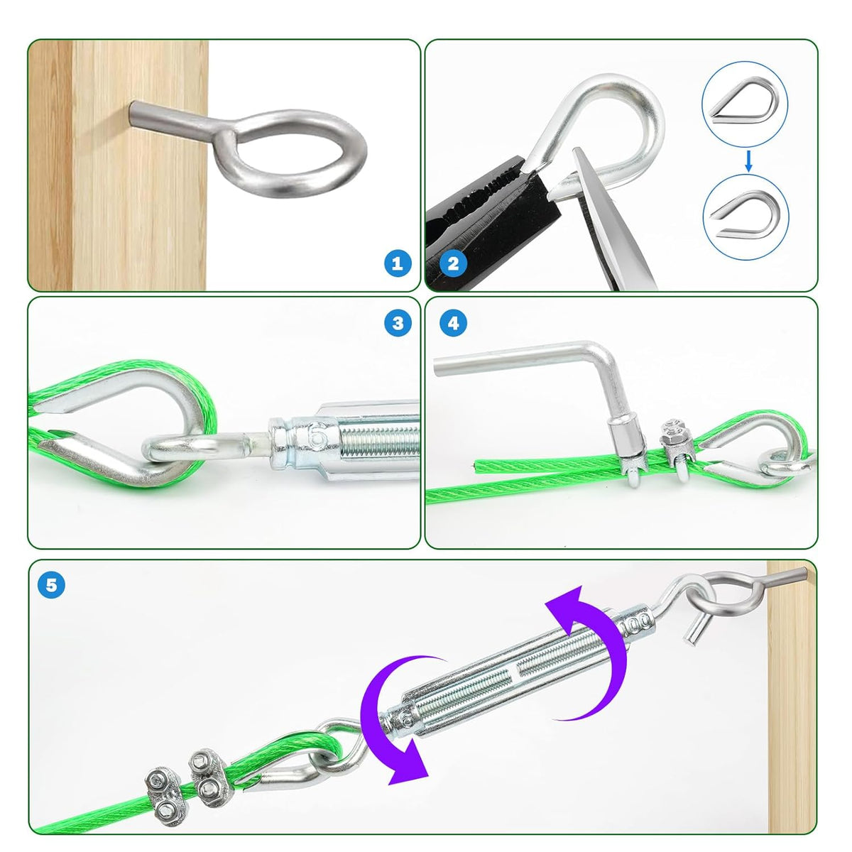 100 Ft Turnbuckles for Cables Wire, 3/16" Green PVC Coated Wire Rope Kit, Multi-use Steel Cable for Grape Vines/Clothes Line Outdoors for T Post/String Light Hanging/Garden Wire