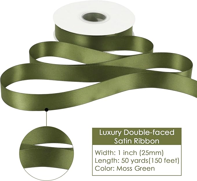 HUIHUANG Satin Ribbon 1 inch Moss Green Ribbon 50 Yards Double Face Silk Satin Ribbons for Crafts Christmas Tree Decor Gift Wrapping Bows Bridal Floral Bouquet Wedding Invitation Card Party Decor