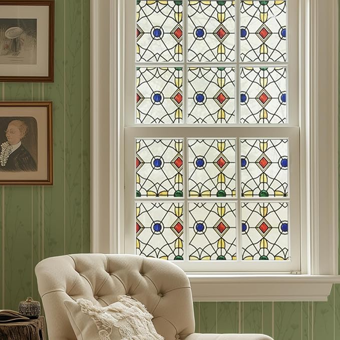 3D Stained Glass Window Film, Decorative Window Privacy Film for Bathroom,Front Door,Home, Sun Blocking Heat Control,Static Cling,Jewels, 23.6inch x 35.4inch