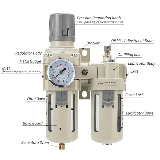 Air Compressor Filter Regulator Lubricator (FRL) Unit,Air Pressure Regulator with Pressure Gauge(0-150PSI),3/8” NPT Oil Water Separator,Semi-Auto Drain,Suitable for Pneumatic Systems