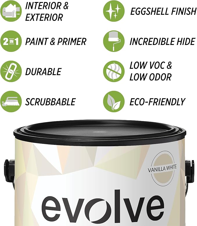 EVOLVE Paint & Primer: Environment-friendly, Low Sheen with One-coat Coverage for Interior & Exterior surfaces (Vanilla White, 5-Gallon)
