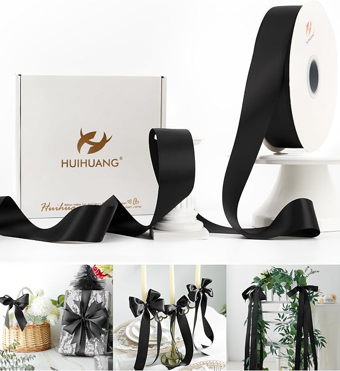 HUIHUANG Black Satin Ribbon 1-1/2 inch x 100 Yards Double-Faced Satin Ribbon for Flower Bouquet, Gift Wrapping, Eternal Roses, DIY Crafts, Bridal Shower Wedding Decor