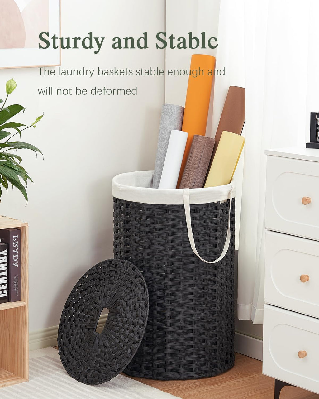 Large Laundry Hamper Laundry Basket Round 34.3 Gal (130 L) Handwoven Wicker Laundry Baskets Rattan Laundry Basket with Laundry Bag Handles 2 Mesh Bags for Living Room Bedroom Black
