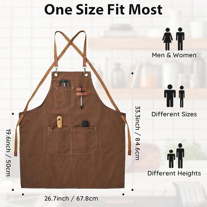 Canvas Aprons, Kitchen Chef Aprons, Work Aprons for Men Women, Adjustable Strap Aprons with 3 Pockets