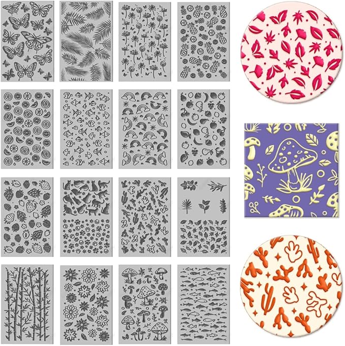 CHGCRAFT 16 Sheets 16 Styles Animals Dandelions Polymer Clay Texture Mat Mushrooms Modeling Pattern Pad Plants Fruits Texture Sheets for Polymer Clay Making Earrings Jewelry Tools, 4×2.6 inch