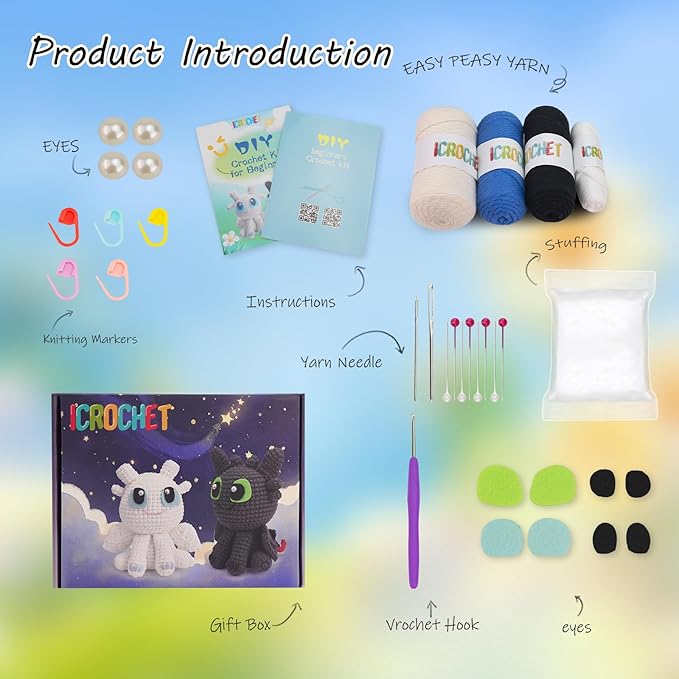 Crochet Kit for Beginners,Beginner Crocheting Animals Kits w Step-by-Step Video Tutorials, Knitting Starter Pack for Adults and Kids,2 Pack Dragon