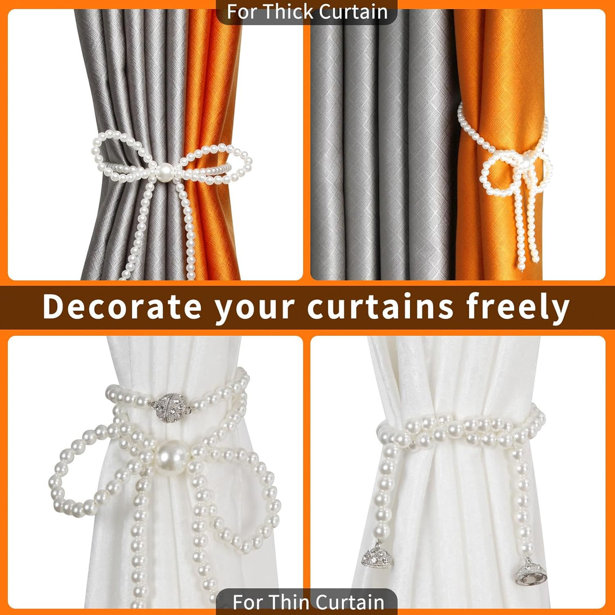 Magnetic Tiebacks for Curtains, 2 Pack Bow Pearl Curtain tiebacks Curtain Buckle Clips with High-Elastic Spring Wire,Curtain Holders for Wall,Drapery tiebacks,Curtain Ties (2pcs Bow)