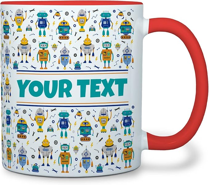 Personalized Mug for Kids - Robots - Custom Name/Text, Ceramic Hot Chocolate/Cocoa/Coffee Cup for Boys, Birthday/Christmas/Holiday Gift - 11 oz, Red Handle