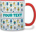Personalized Mug for Kids - Robots - Custom Name/Text, Ceramic Hot Chocolate/Cocoa/Coffee Cup for Boys, Birthday/Christmas/Holiday Gift - 11 oz, Red Handle
