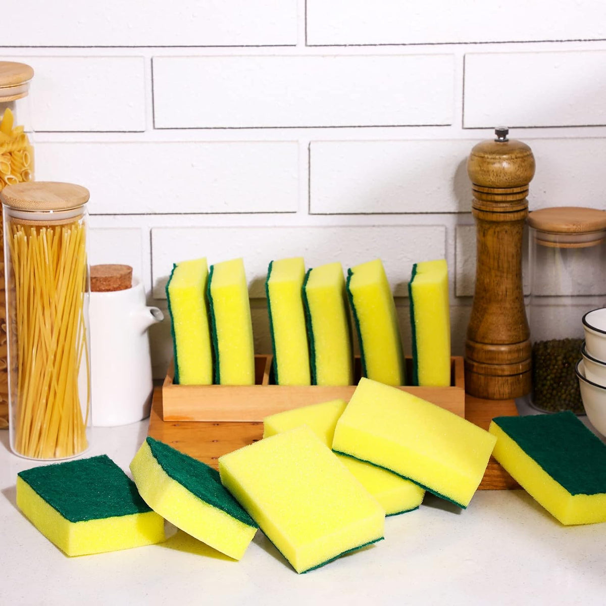 Tanlade 240 Pcs Individually Wrapped Sponge Dishwashing Sponge Bulk Non Scratch Scrub Sponges Kitchen Scouring Pad for Household Cleaning Rental Dishes Hotel Apartment Car (Yellow,Green)