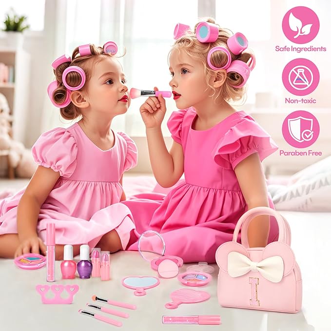 Kids Real Makeup Kit for Girls - 18Pcs Non-Toxic Washable Make Up Toys with Initial Toddler Purse - Personalized Birthday Gifts for Age 3 4 5 6 7 8 9 10 Years Old Girls Vanity Set - I