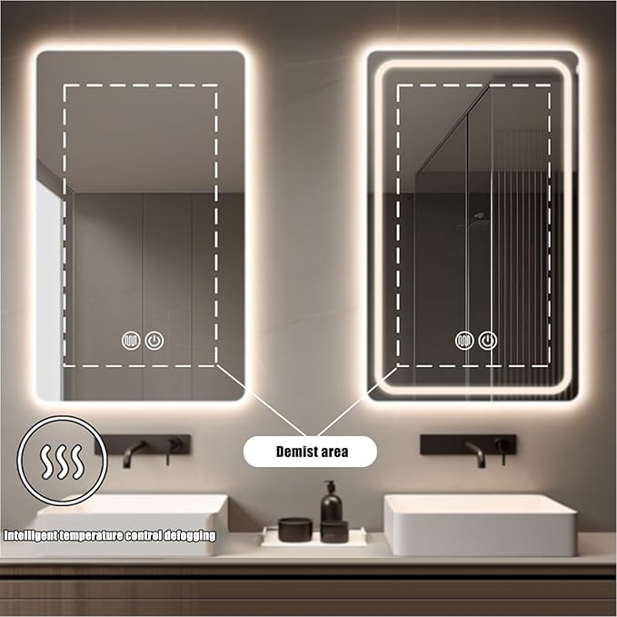 Illuminated 3 Colour LED Bathroom Mirror, Bathroom Light Mirror with Demister Pad, Dimming Function, Touch Switch, Wall Mounted Vanity Mirror, Decorative Mirror(B1,27.5"x35.4"/70x90cm)