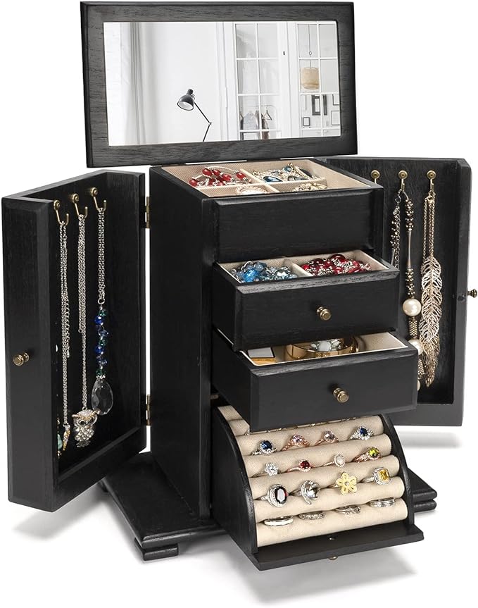 Jewelry Box for Women, Rustic Wooden Jewelry Boxes & Organizers with Mirror, 4 Layer Jewelry Organizer Box Display for Rings Earrings Necklaces Bracelets (Black)