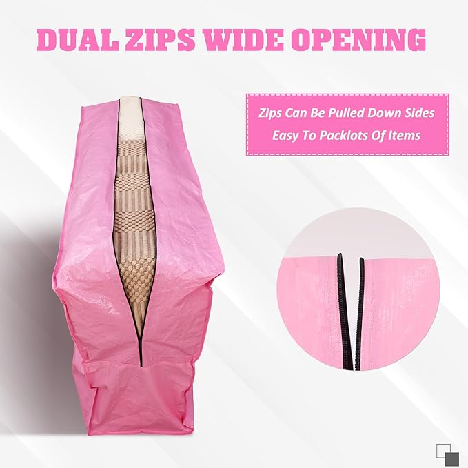 4 Pcs 96 Gallon Large Moving Bags with Zipper and Handles Foldable Storage Duffle Bags Heavy Duty Extra Large Totes for College Dorm Travel Clothes Blankets Bedding Moving (Pink)