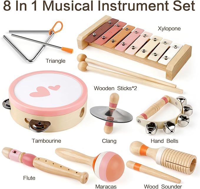 Musical Instruments for Girls - Toys for 2 3 Year Old Girl Birthday Gifts - 8 in 1 Wooden Montessori Musical Set with Xylophone/Tambourine/Maracas/Flute for Toddler 2-4(Pink)