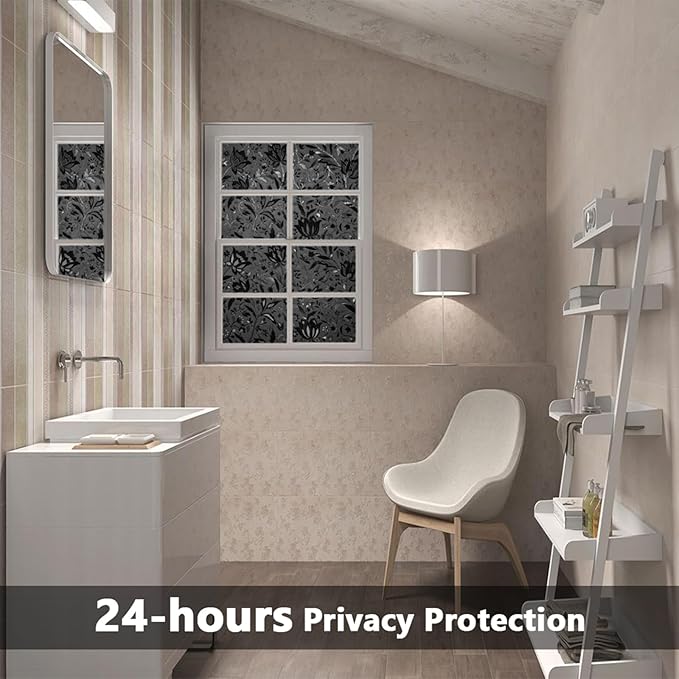 LEMON CLOUD Total Blackout Window Film Privacy Static Cling Frosted Black Window Covering 100% Opaque Film Tint Darkening Removable Film for High Privacy，(Blackout Tulip Design,23.6 x157.4 inches)