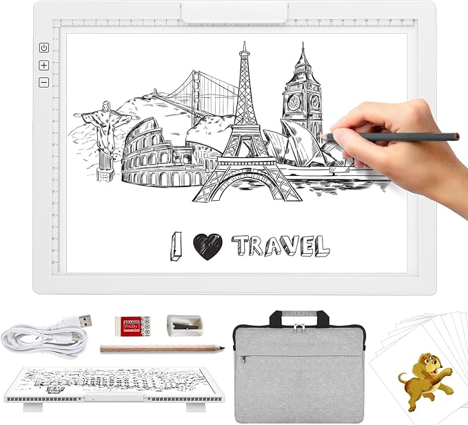 KOBAIBAN Wireless A4 Light Pad with Carry Bag, Innovative Stand, Top Clip, Stepless/ 6-Level Dimmable Brightness Rechargeable tracing Light Box/Board for Cricut Weeding Vinyl, Diamond Painting (White)