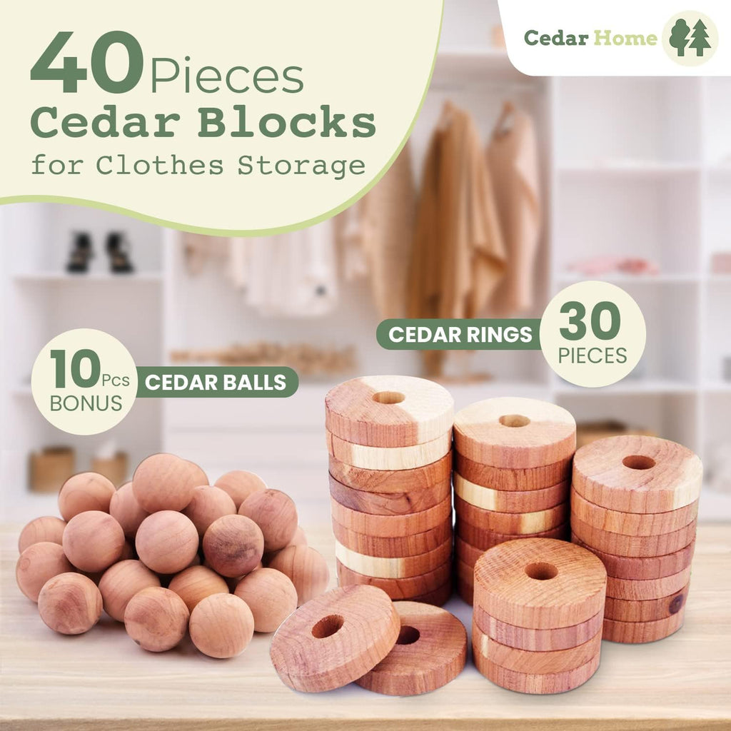 Cedar Blocks for Clothes Storage | Cedar Balls & Rings | Dresser Drawer Freshener Odor Eliminator | 40 Pieces, 30 Rings & Bonus 10 Balls, U.S.A Seller
