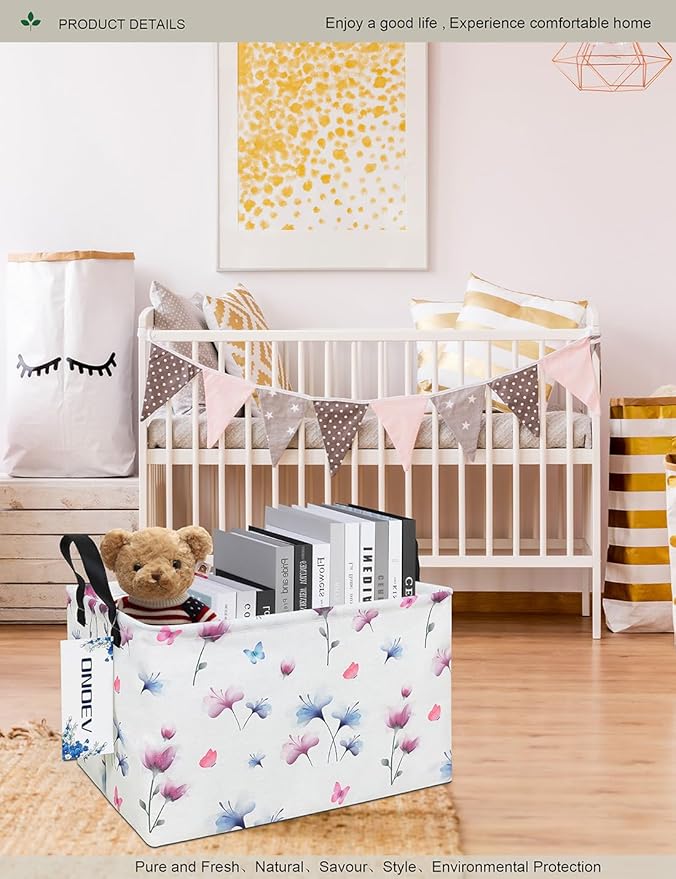 Rectangular Folding Laundry Basket,waterproof Canvas Basket,gift basket,Suitable for children's room,Office,Clothes,Toys Storage(Watermark flower)