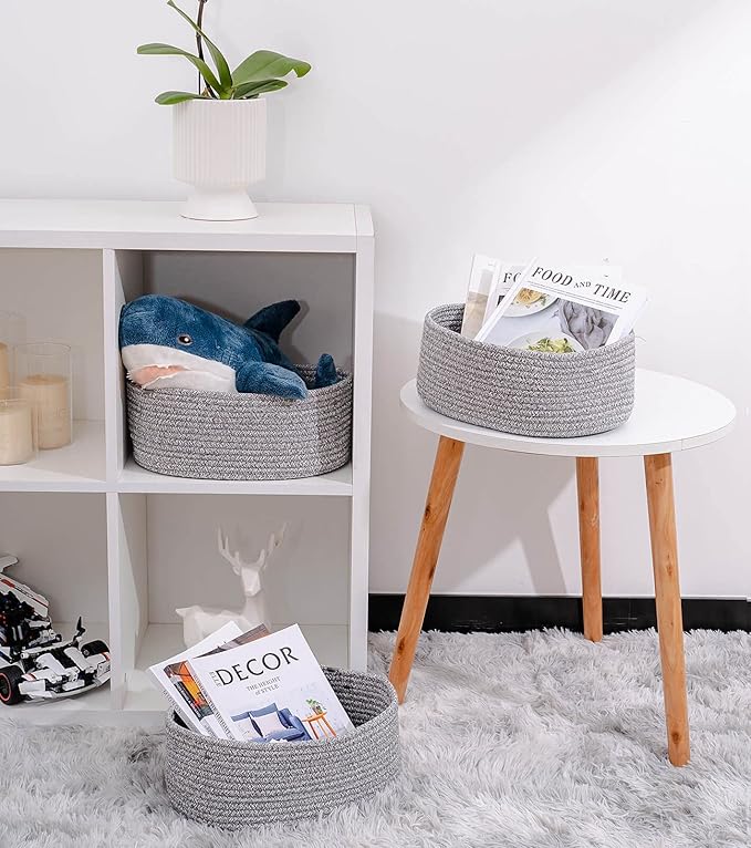 Baskets to Store Organize Household Items/Cute Basket&Bin for Shelf Storage Woven Rope Basket for Living Room, Bedroom,Play room/13x8.66x5.11’’ Cotton Rope,Durable&Stylish,Oval 3 Packs Gray